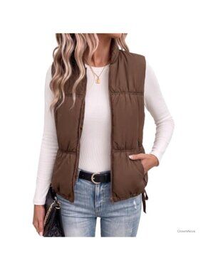 Womens Puffer Vest Sleeveless Stand Collar Zip Up Cropped Jacket